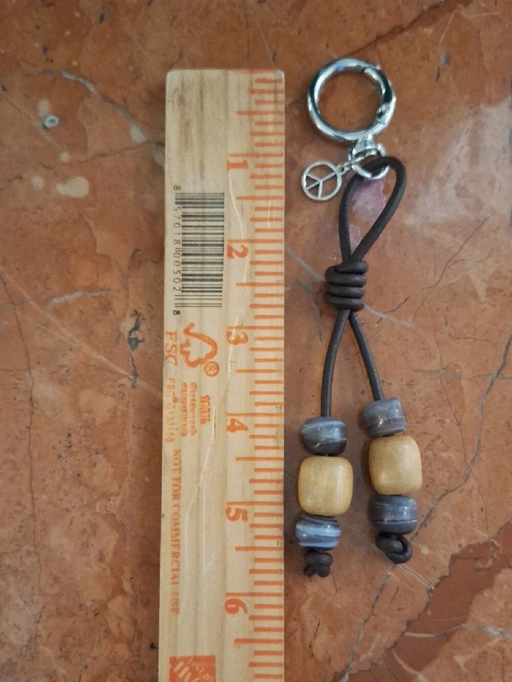 Beaded Leather Keychain with Peace Charm - Brown, Beige, Gray